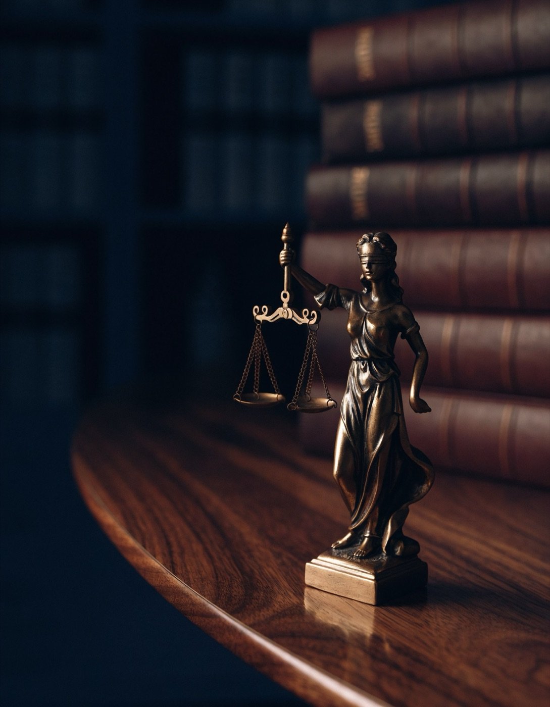 Bronzefigur der Justitia vor Gesetzesbüchern